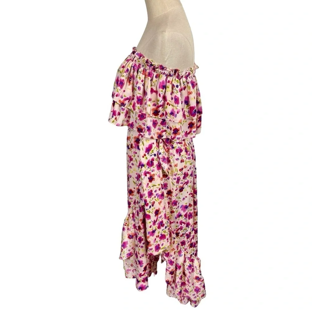 MISA Los Angeles Sabella Strapless Ruffle Tie Waist Midi Dress in Fuchsia Floral